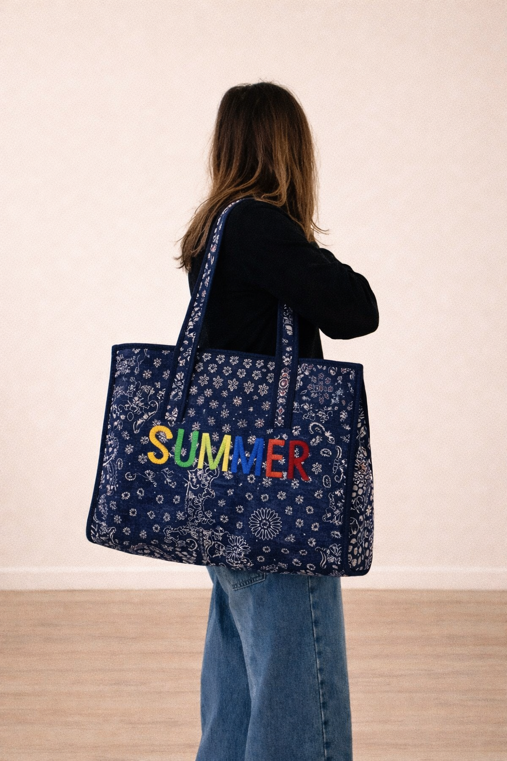 Sac cabas en coton matelassé - Summer / Tissu Bandana Bleu marine