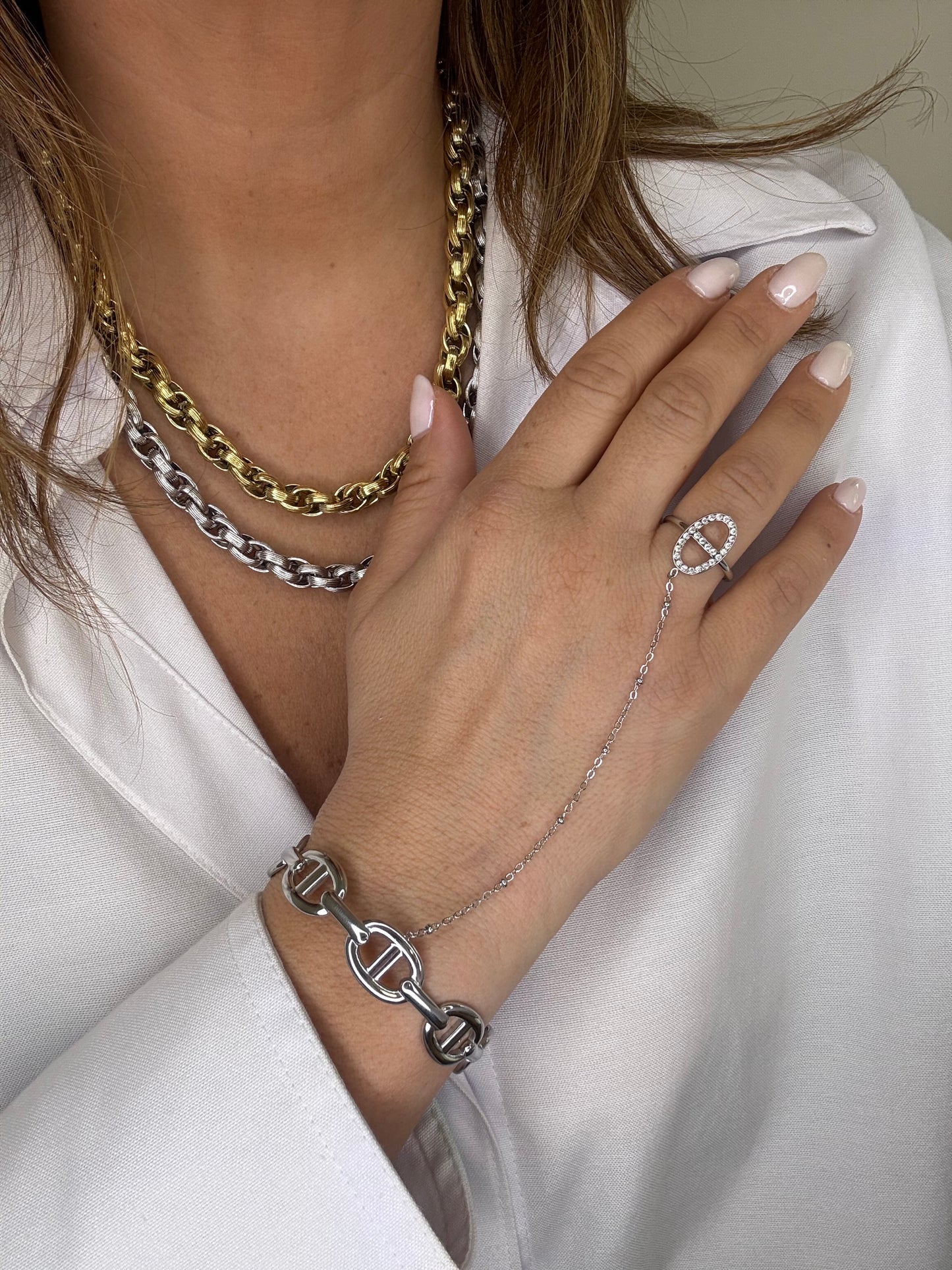 Massia -Bijou de main - Jonc ajustable + bague - doré ou argent