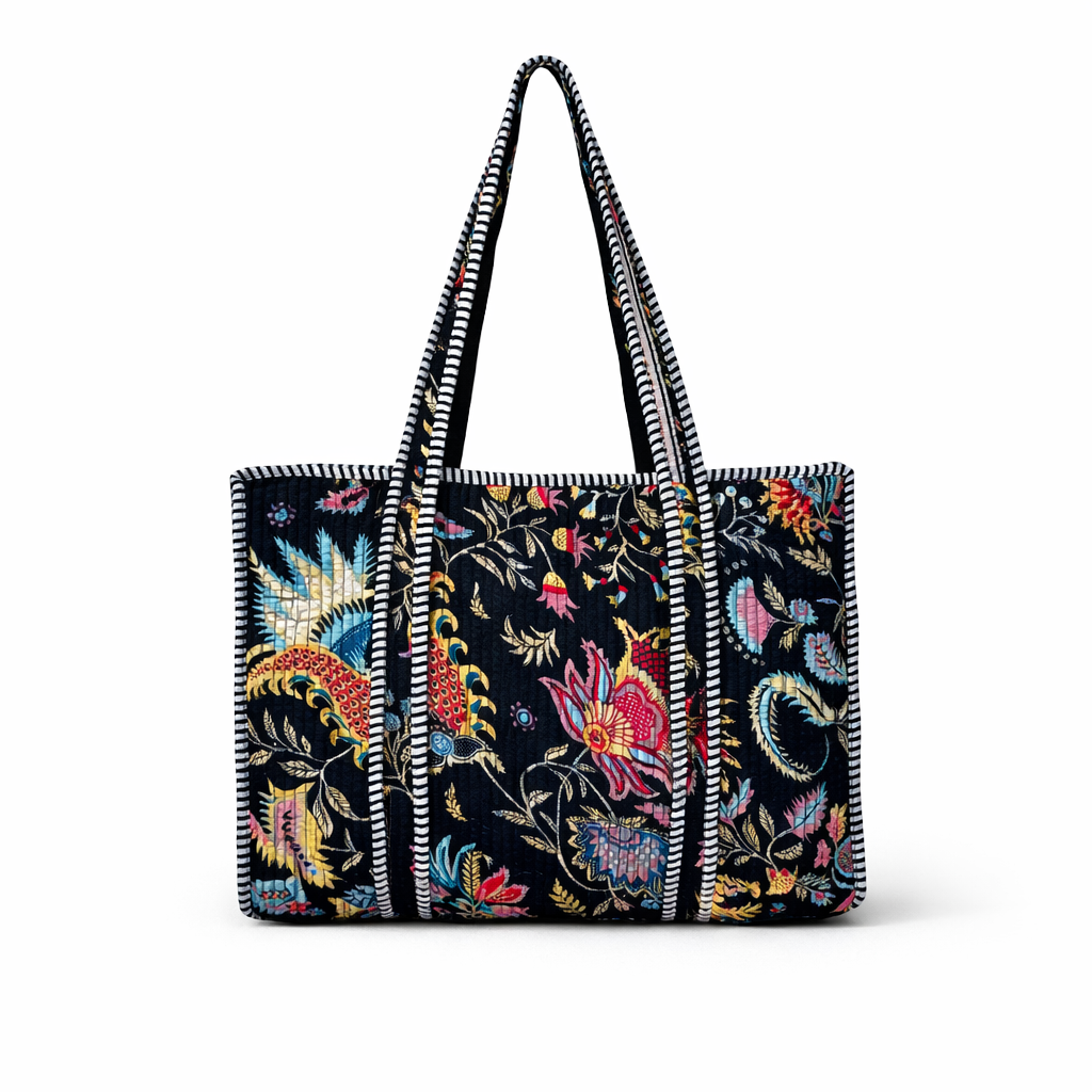 Sac cabas en coton matelassé - Tissu Fleuri noir