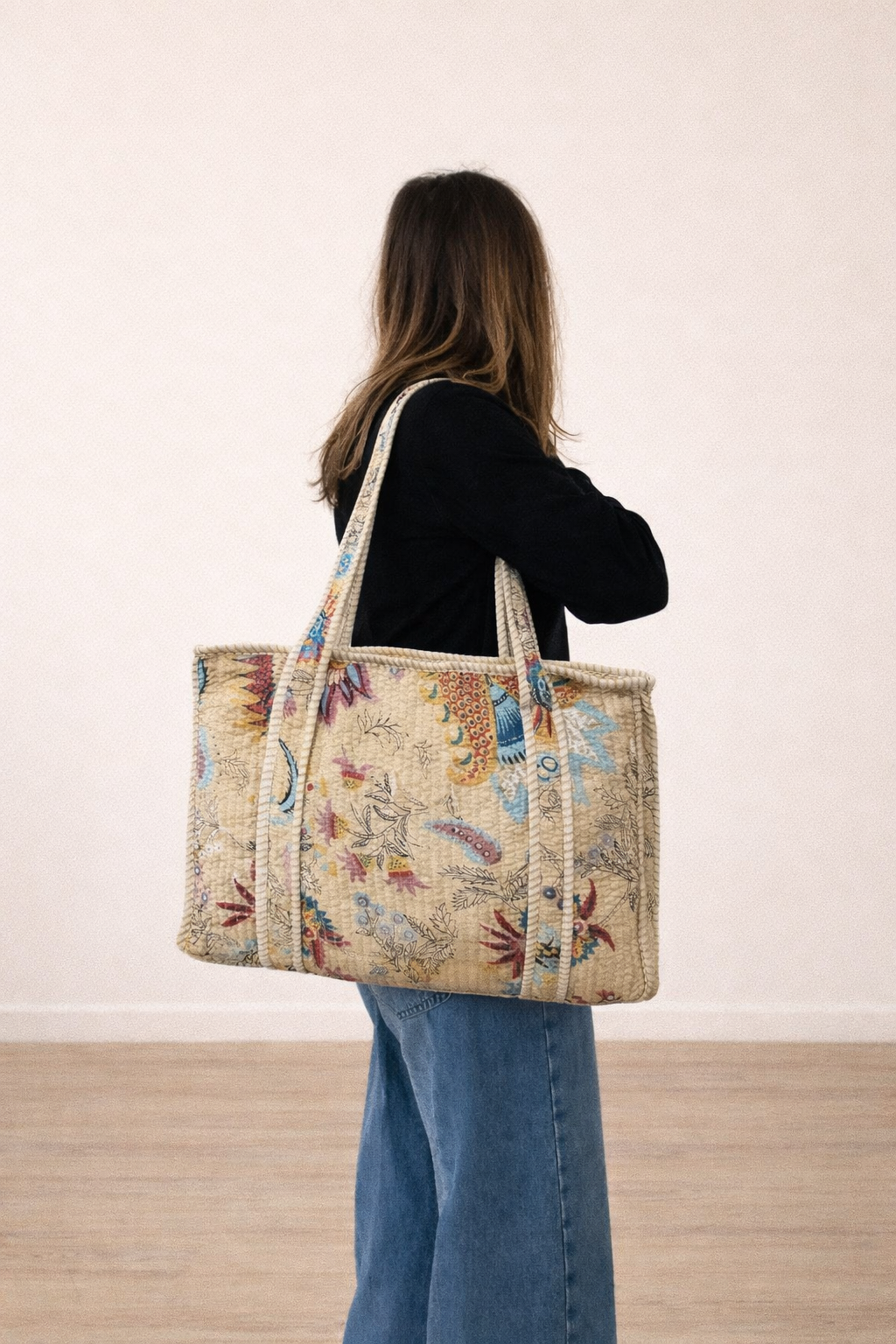 Sac cabas en coton matelassé - Tissu Fleuri beige